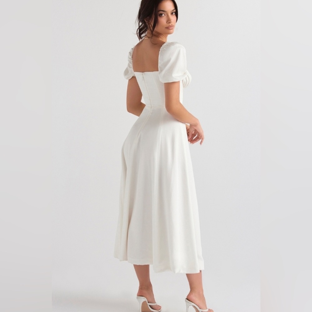 House of CB Tallulah White Midi Puff-Sleeve Dress